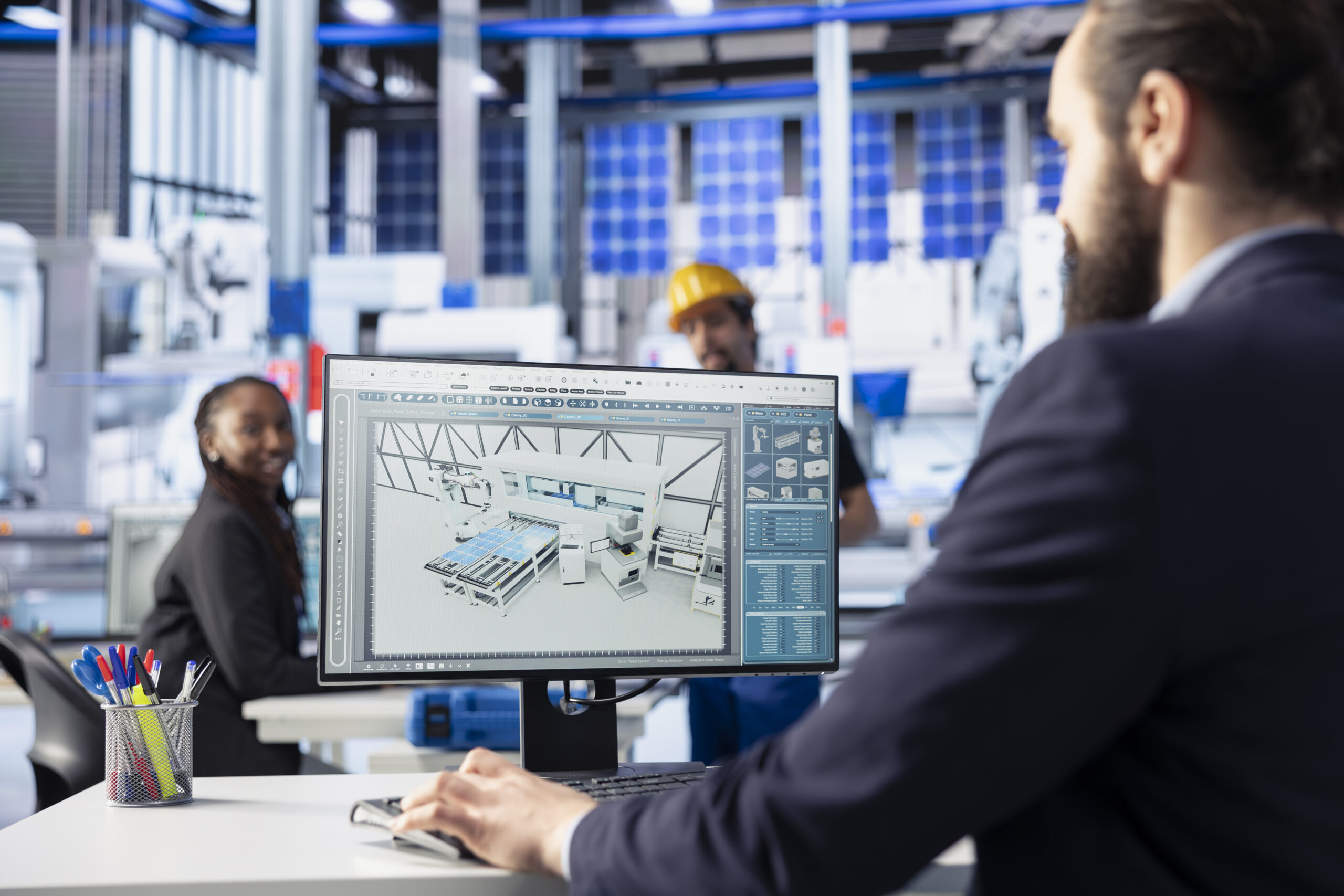 Photovoltaics factory engineer conducts simulations of solar panel designs