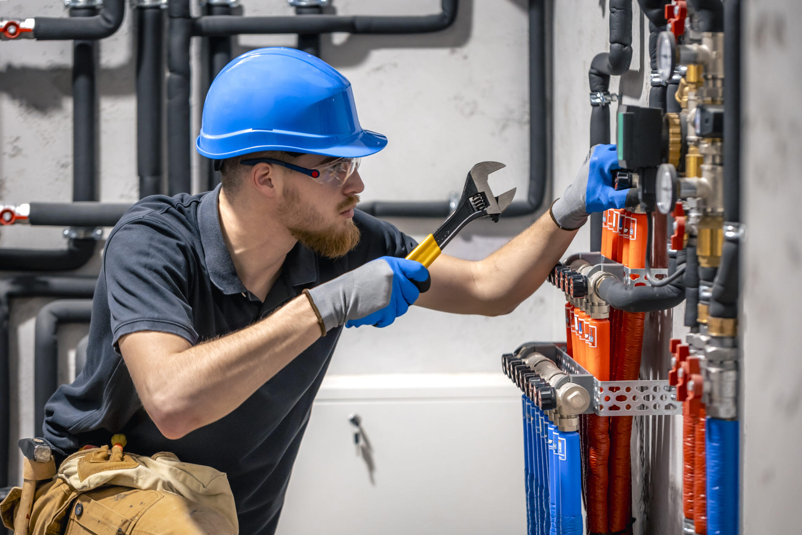 The technician checking the heating system in the boiler room.